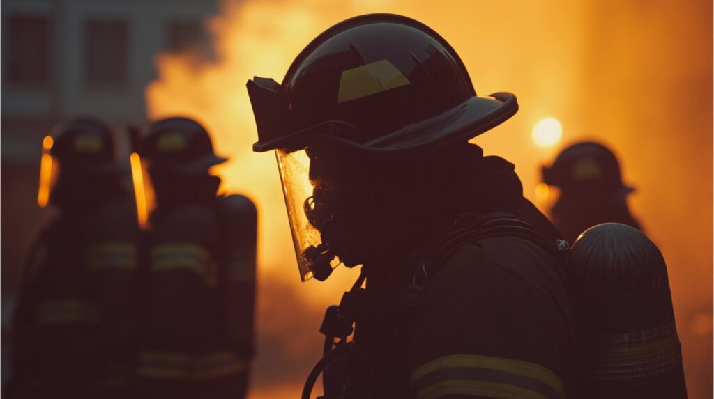 Silhouette,Of,Firefighters,,After,Extinguishing,The,Fire,,Carrying,Out,Fire