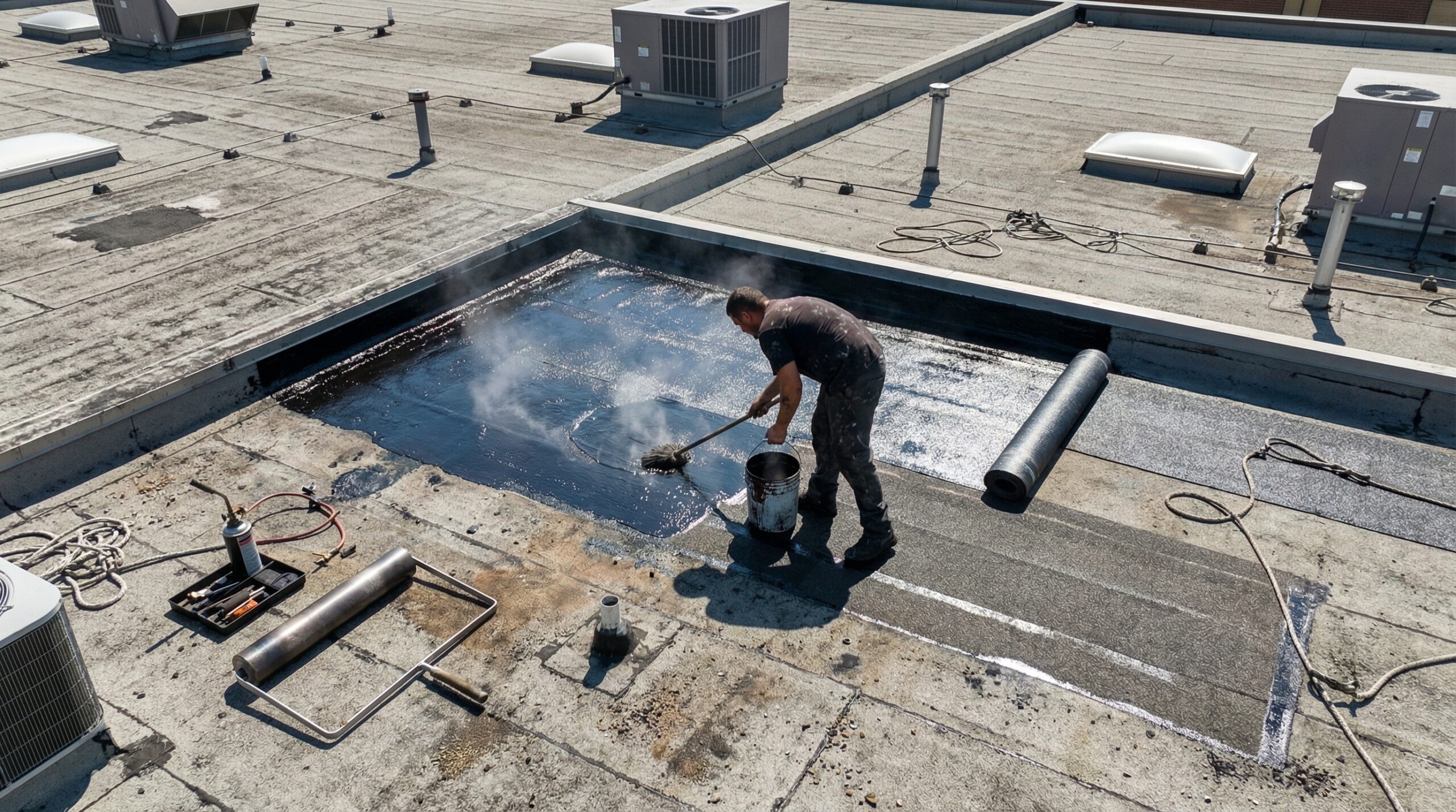 Aerial,View,Of,Roofers,Applying,Waterproof,Membrane,To,A,Large