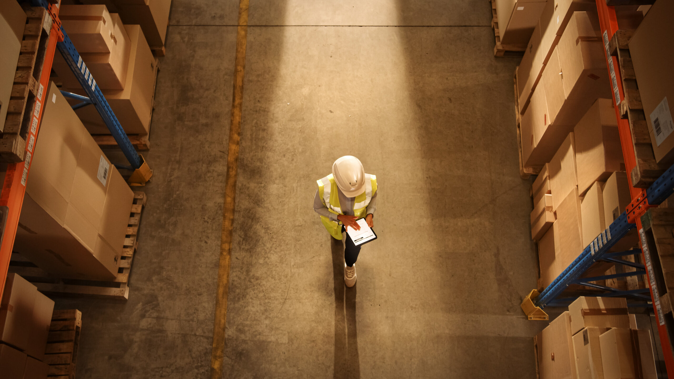 Top-down,View:,Worker,Wearing,Hard,Hat,Checks,Stock,And,Inventory