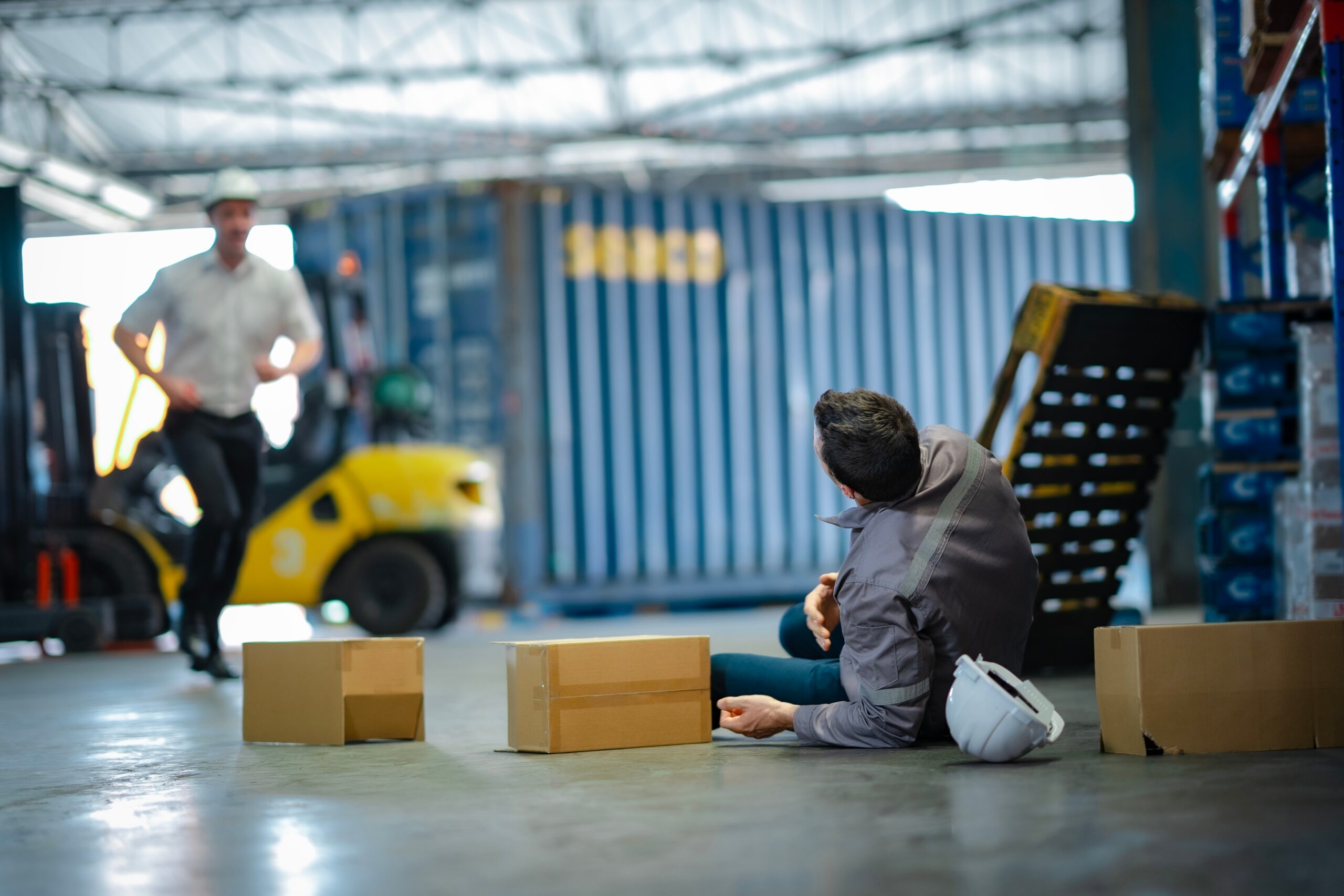 Male,Worker,Lies,On,Ground,After,Fall,In,Warehouse,,Boxes