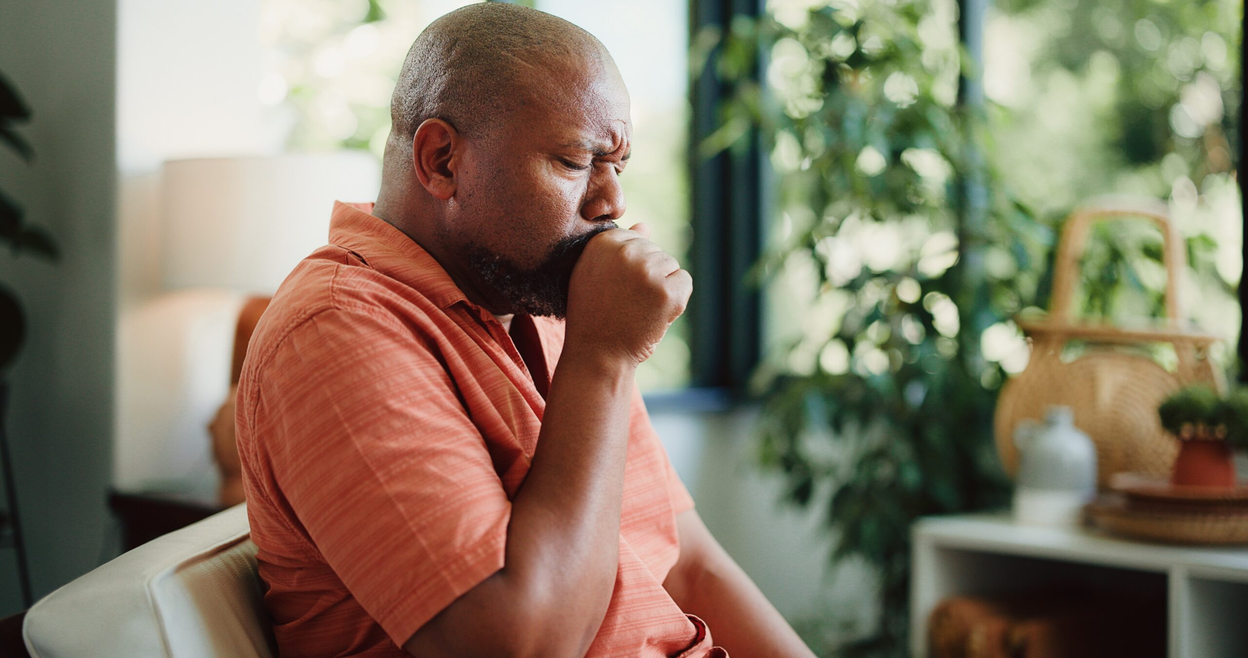 Sick,,Cough,And,Mature,Black,Man,In,Home,With,Chest