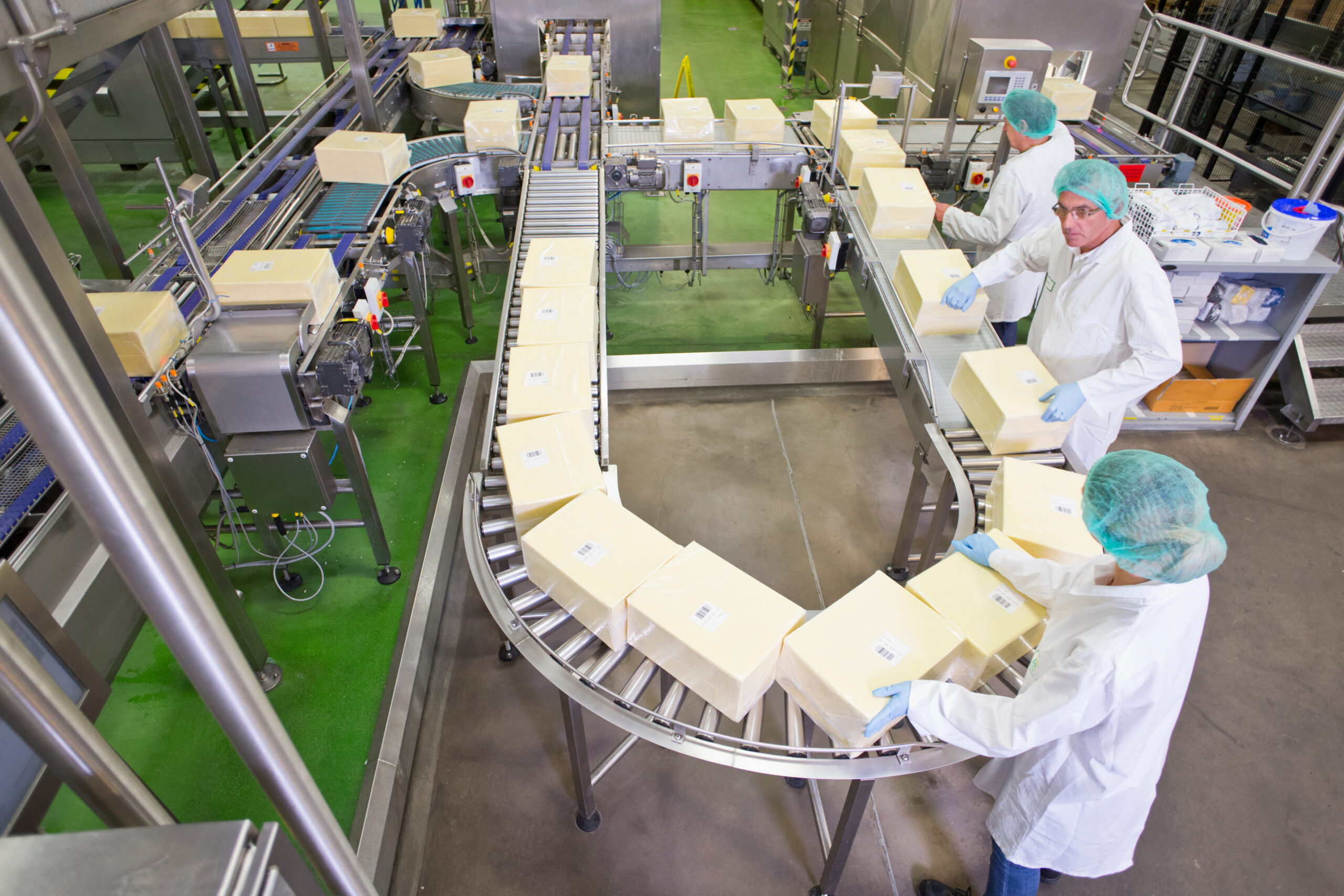 High,Angle,View,Of,Quality,Control,Workers,Checking,Large,Cheese