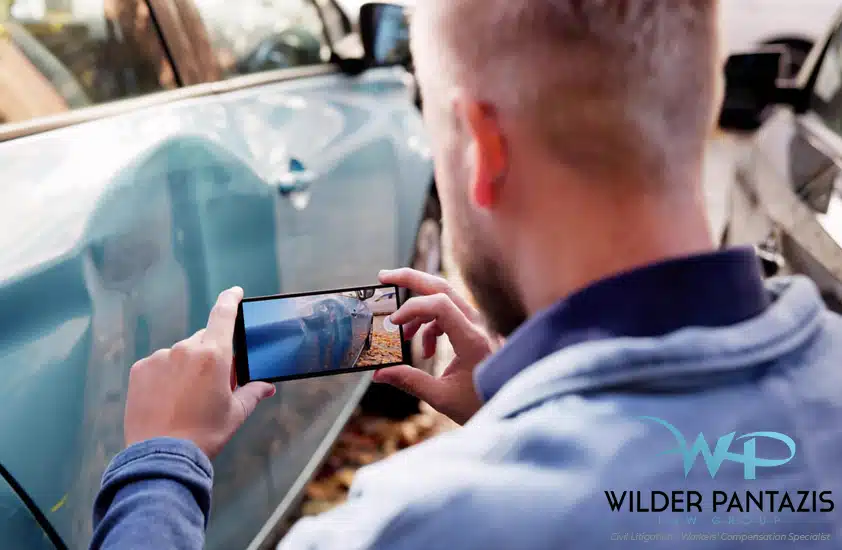 Man taking picture of car damage